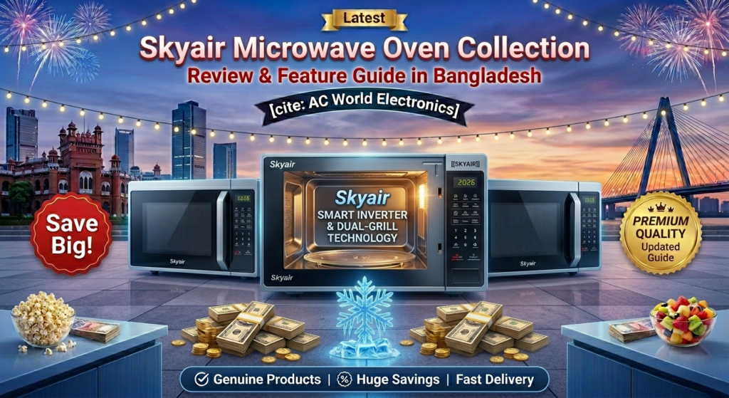 A promotional graphic for a Skyair Microwave Oven Review in Bangladesh, displaying three modern black and silver Skyair microwaves on a glossy counter. The central unit is open, glowing from within, and highlights "Smart Inverter & Dual-Grill Technology." The background features a sunset skyline combining historic Curzon Hall, a modern bridge, and fireworks.