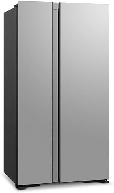 Silver Hitachi 595-liter net capacity 2-door side-by-side refrigerator, model RS700PUKO-GS.