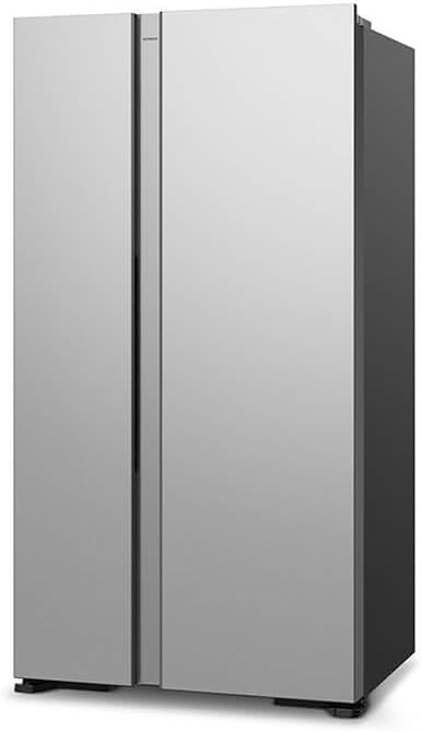 Silver Hitachi 595-liter net capacity 2-door side-by-side refrigerator, model RS700PUKO-GS.