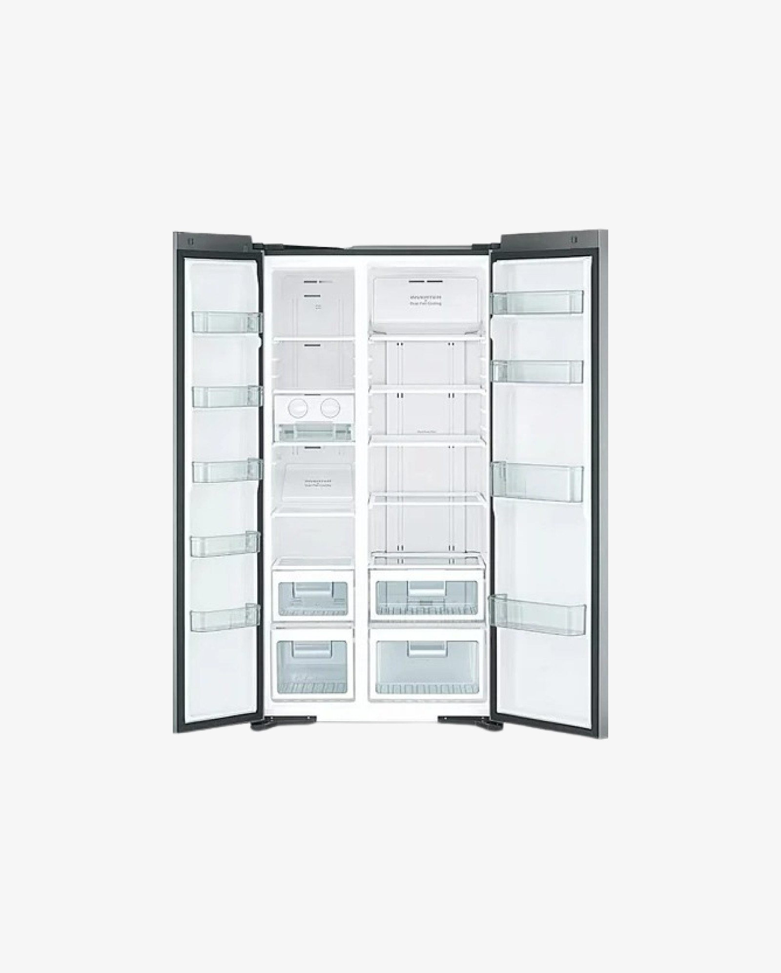 Silver Hitachi 595-liter net capacity 2-door side-by-side refrigerator, model RS700PUKO-GS.