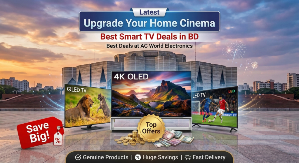 A modern living room setup featuring a wall-mounted display, representing the value of a good smart TV price in Bangladesh.