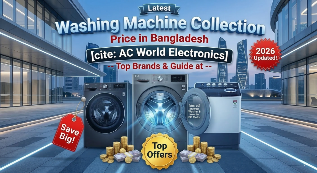 : Promotional banner by AC World Electronics showcasing the latest washing machine collection, featuring top LG models, special offers, and the most updated 2026 washing machine prices in Bangladesh.