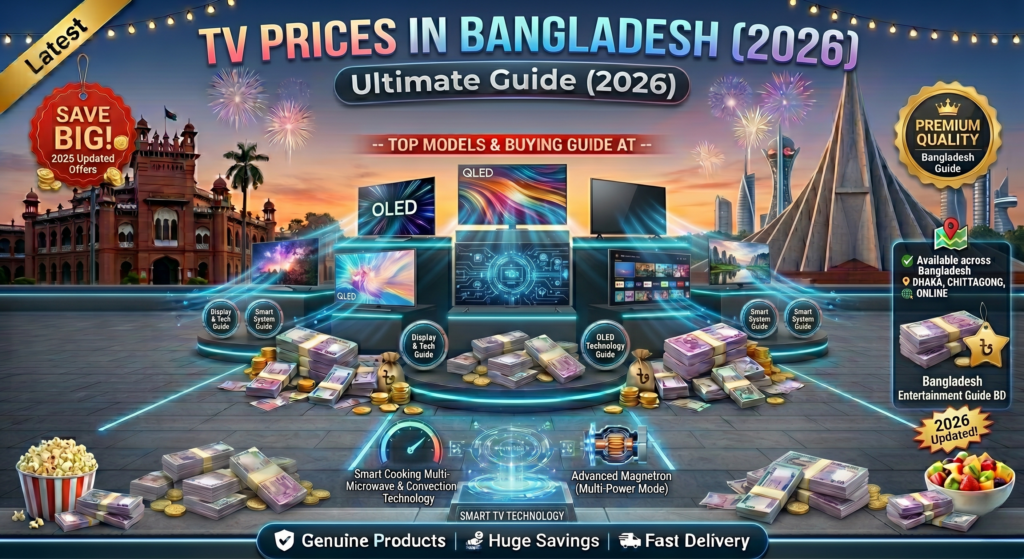 A photorealistic 3D promotional banner illustrating the 2026 TV prices in Bangladesh. Multiple modern OLED and QLED smart TVs are displayed on tiered glowing platforms against a twilight backdrop featuring Dhaka's Curzon Hall on the left and the National Martyrs' Memorial on the right, illuminated by festive fireworks. Large stacks of Bangladeshi Taka banknotes and gold coins surround the television displays. The foreground features a popcorn bucket, a bowl of fresh fruit, and glowing holographic tech icons. The image is framed with promotional badges including a 'Save Big!' tag and a 'Premium Quality' seal, finishing with a bottom guarantee bar reading 'Genuine Products | Huge Savings | Fast Delivery'.