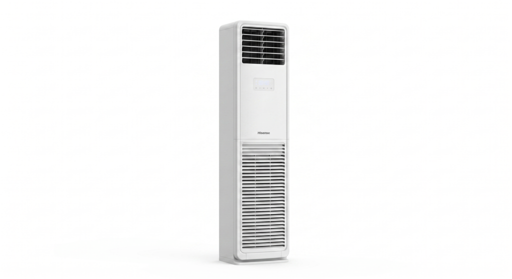 Hisense RSB36V floor-standing vertical column air conditioner with digital LED display.
