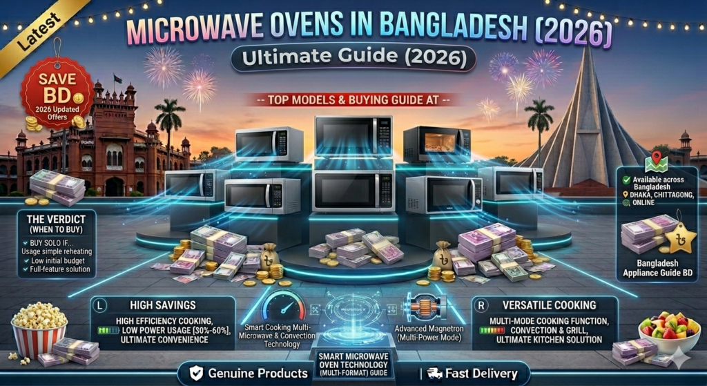 A detailed commercial infographic banner for Sonargaon's Heritage and Tech Guide in Bangladesh (2026), set against a split dusk cityscape: traditional ancient Panam City on the left and modern futuristic structures on the right, with celebratory fireworks and festoon string lights. Multiple stylized 'Heritage & Tech Fusion Collections' (including ancient gold artifacts and futuristic smart consoles) are showcased on staggering plinths, surrounded by cool blue particle trails and cyan light lines. Significant piles of authentic Bangladeshi Taka notes and bags with coins, a bowl of popcorn (left), and a bowl of fresh fruit salad (right) flank the display. Top multiline header banners in polished dynamic 3D gradient text (white, red, blue) include a gold ribbon 'Latest', a main header 'SONARGAON HERITAGE & TECH IN BD (2026)', and a dark curved sub-banner 'atl text asnf tite'. Overlaid graphic badges include a red scalloped 'SAVE BIG! BD' tag on the left with coin icons
