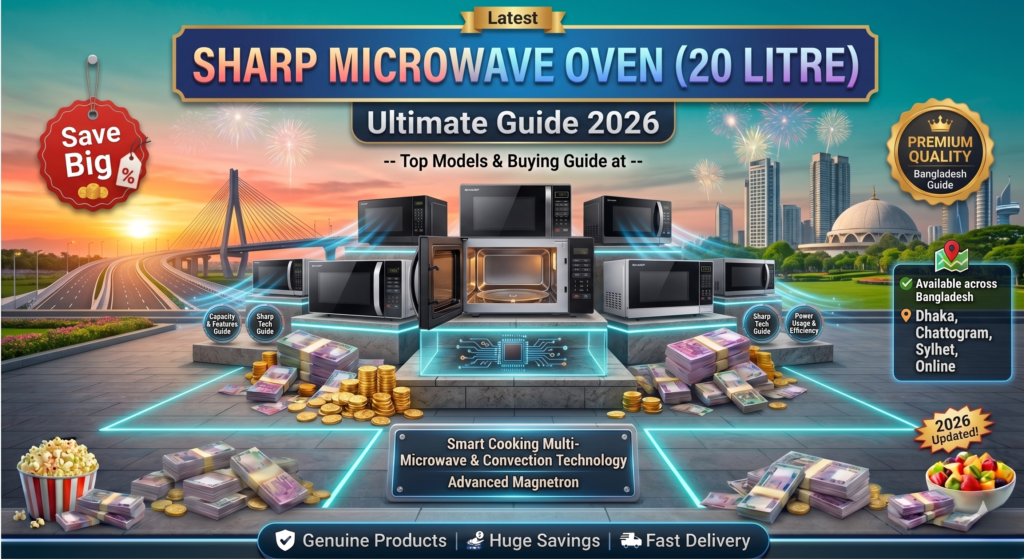 A promotional poster for "SHARP MICROWAVE OVEN (20 LITRE) Ultimate Guide 2026" set against a blended background of historical Dhaka monuments and a modern skyline under a sunset sky with distant fireworks. A multi-tiered illuminated platform with blue neon lines serves as a high-tech display, showcasing several different sleek, black and silver Sharp microwave oven models. One central microwave has its door open, revealing the interior turntable. Below the central display is a detailed explanatory plaque for "Smart Cooking Multi-Microwave & Convection Technology" and "Advanced Magnetron (Multi-Power Mode)." Smaller surrounding plaques are labeled "Capacity & Features Guide," "Sharp Tech Guide," and "Power Usage & Efficiency." Large piles of Bangladeshi Taka notes and gold coins form the "loot" on the ground. Feature graphic branding includes the red hanging "Save Big!" tag, the gold circular "Premium Quality | Bangladesh Guide" seal, a red-and-gold "2026 Updated!" starburst seal, and a map graphic for "Available across Bangladesh, Dhaka, Chattogram, Sylhet, Online.