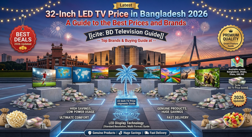 A detailed promotional infographic banner set against a grand Dhaka cityscape at dusk with festoon lights and celebratory fireworks, featuring historic building Curzon Hall and a modern cable-stayed bridge. Staggered displays of approximately eight diverse 32-inch LED TV models are showcased on platforms, with each screen displaying unique high-definition content such as generic football, a world map, mountain landscape, car interior, or animals. Significant piles of Bangladeshi Taka banknotes (bundles of notes and coins with ৳ symbols) and money bags surround the TV displays.