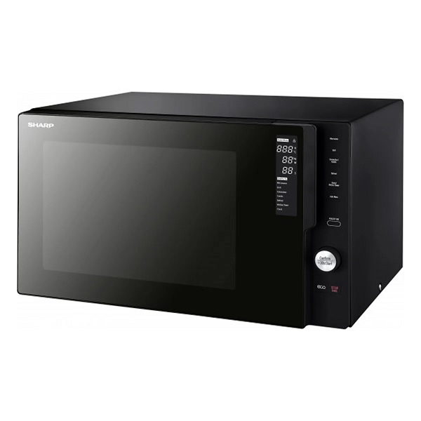 Front view of the SHARP R-28CNK Microwave Oven showing the control panel and glass door.