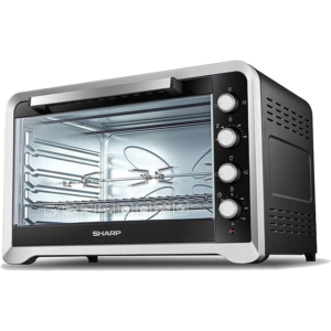 Sharp EO-G120 Electric Oven showing the transparent glass door, interior racks, and temperature control knobs.