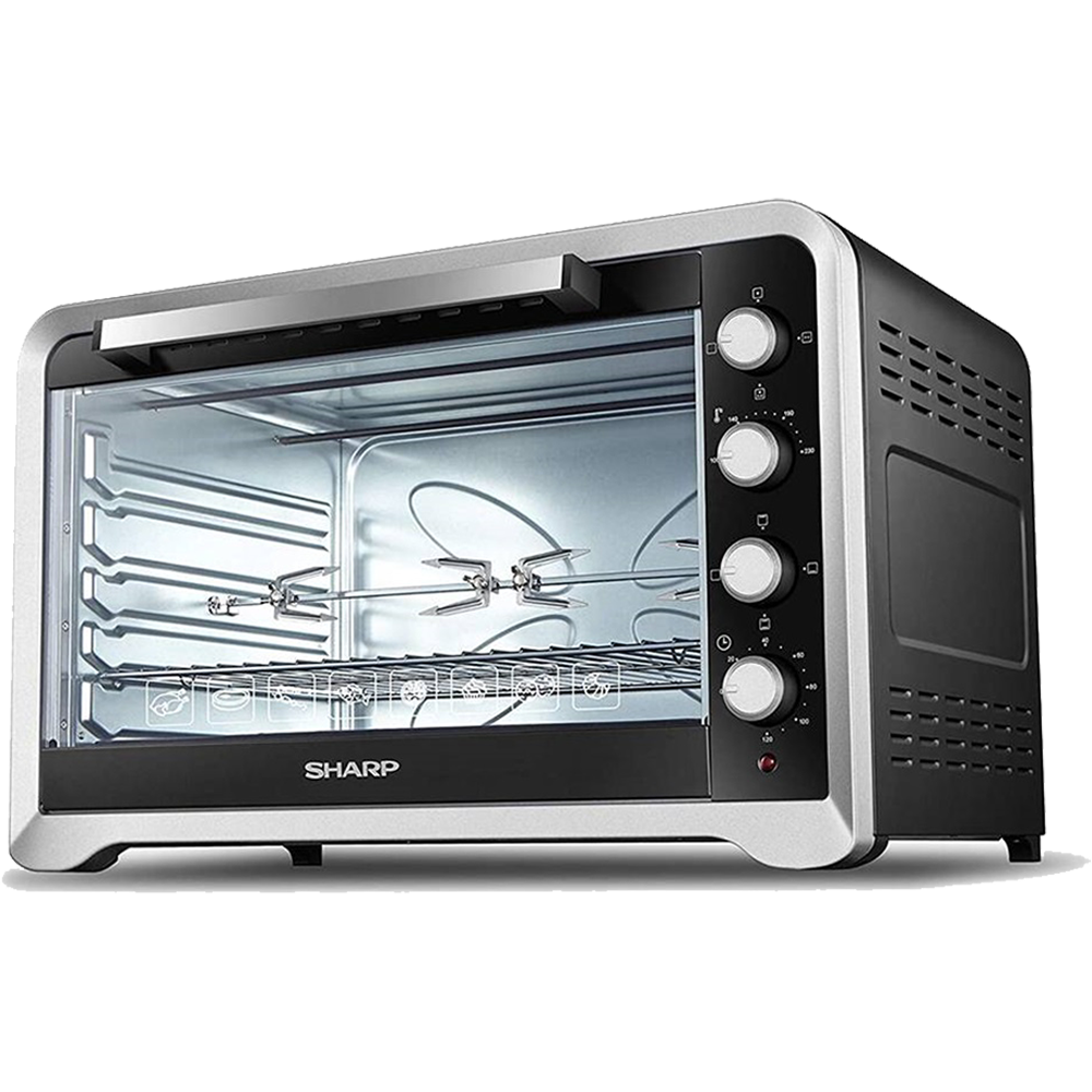 Sharp EO-G120 Electric Oven showing the transparent glass door, interior racks, and temperature control knobs.
