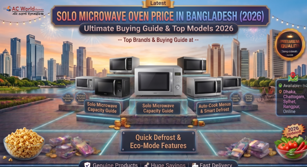 2026 buying guide graphic for solo microwave ovens in Bangladesh. Shows various microwave models arranged on neon-lit platforms, highlighting features like auto-cook menus, quick defrost, and eco-mode, set against an urban backdrop with fireworks.