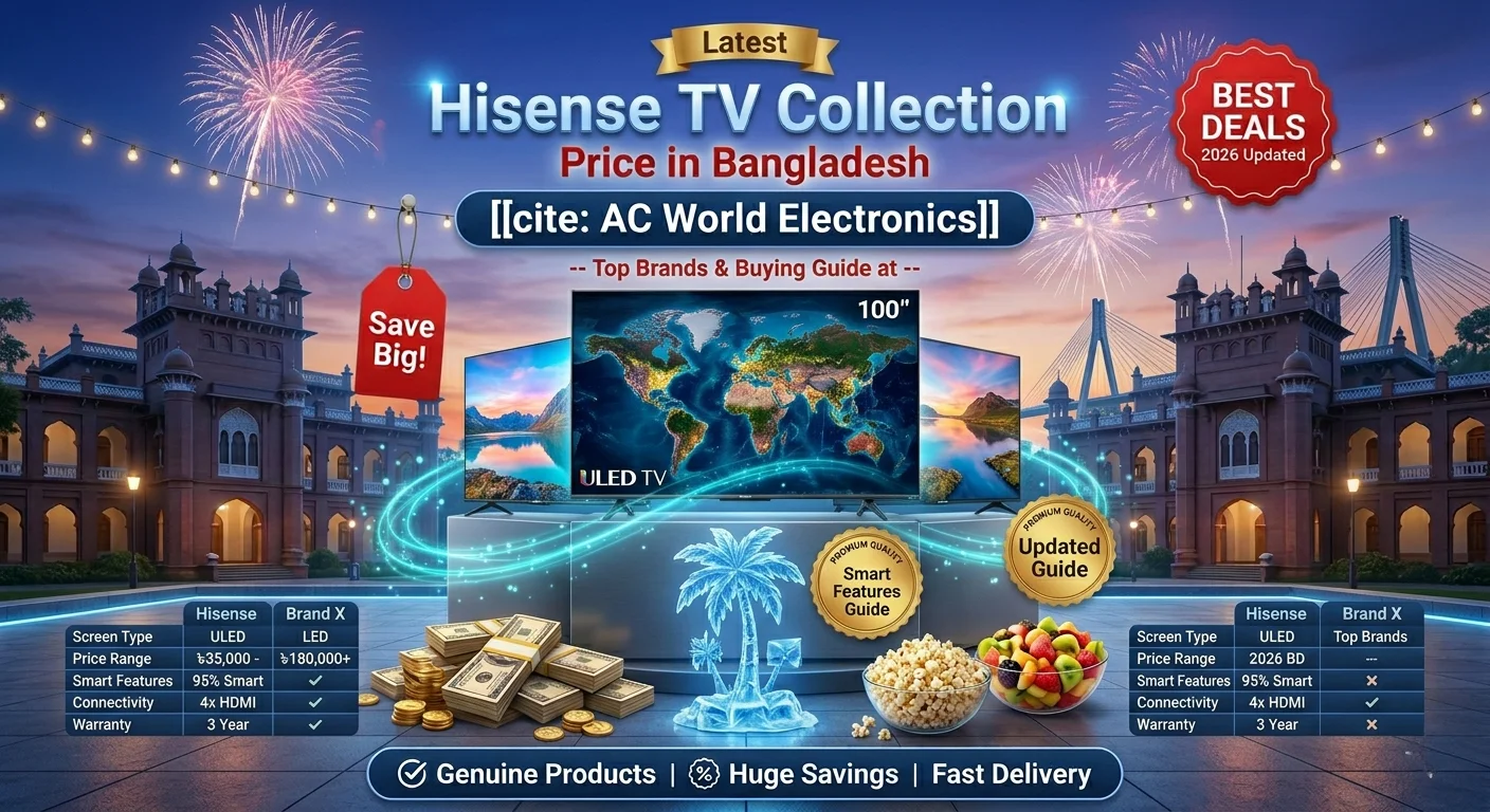 A detailed promotional graphic for 'Latest Hisense TV Collection Price in Bangladesh 2026'. Multiple modern TVs are on a platform with money, a central ice sculpture, a bowl of popcorn, and a bowl of fruit. Text banners announce 'Top Brands & Buying Guide