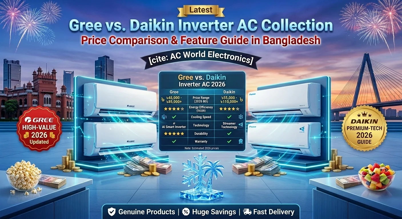 A side-by-side comparison chart showing the Gree VS daikin inverter ac price, cooling features, and energy efficiency for 2026 models.