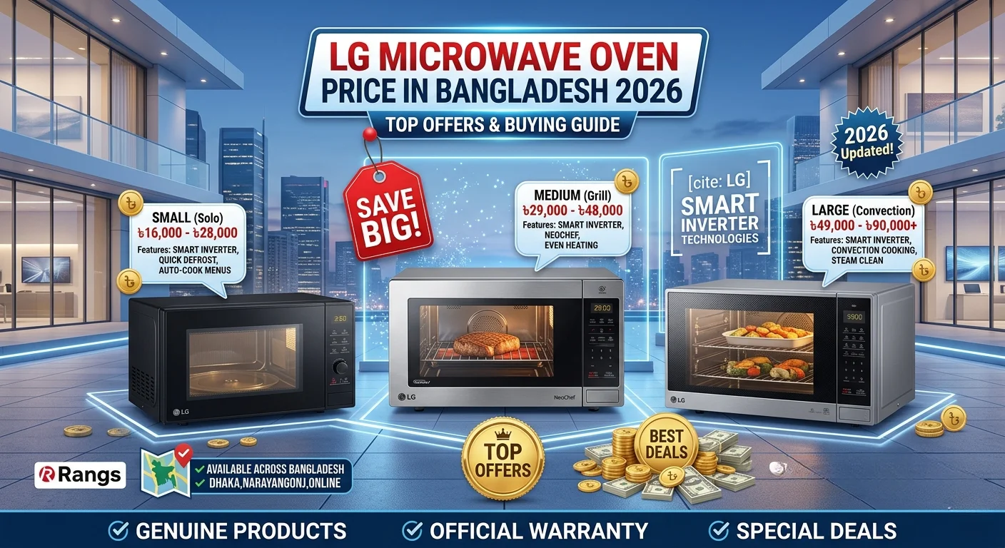 A comprehensive promotional graphic for LG microwave ovens in Bangladesh for 2026. The main headline reads 'LG MICROWAVE OVEN PRICE IN BANGLADESH 2026' with a 'TOP OFFERS & BUYING GUIDE' sub-headline.