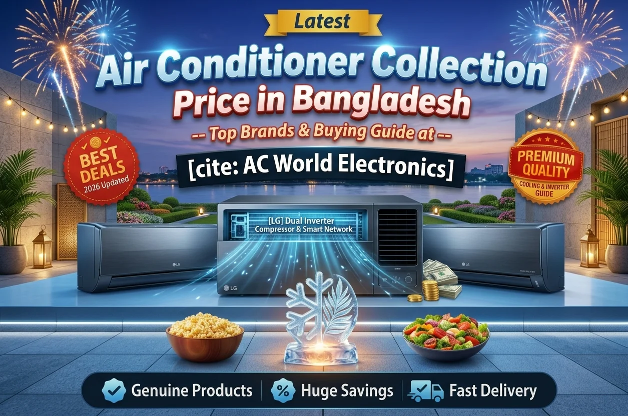 Promotional banner for the latest air conditioner collection and General AC Price in Bangladesh at AC World Electronics, highlighting modern dual-inverter AC units, premium quality cooling guides, and 2026 best deals.