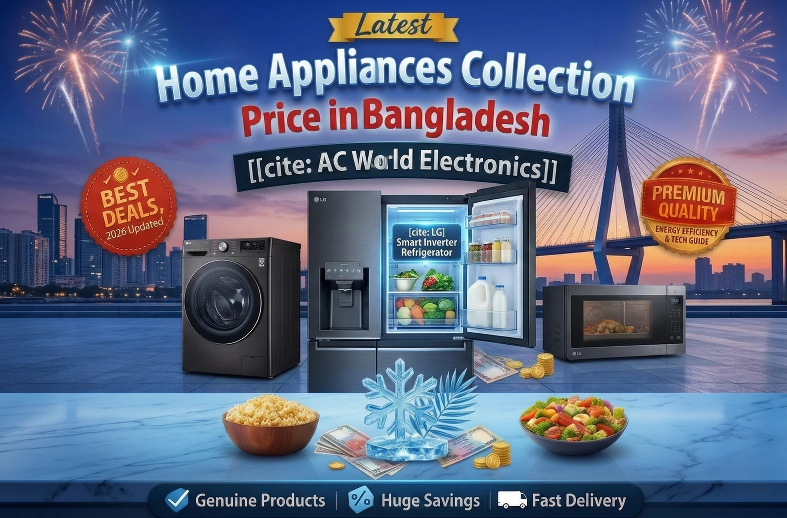 Advertisement showcasing the latest Home Appliances Price in Bangladesh at AC World Electronics, featuring genuine LG products including a smart refrigerator, washing machine, and microwave with huge savings.