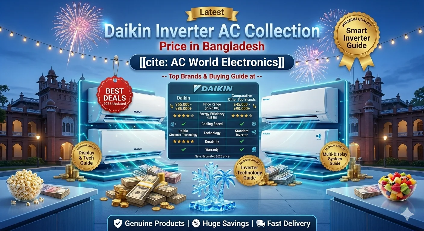 A detailed promotional image advertising a Daikin Inverter AC collection in Bangladesh. Four split-type Daikin AC units are stacked on platforms, with two on the left and two on the right. The background is a large colonial-style building at twilight, similar to Curzon Hall in Dhaka, decorated with string lights and fireworks.