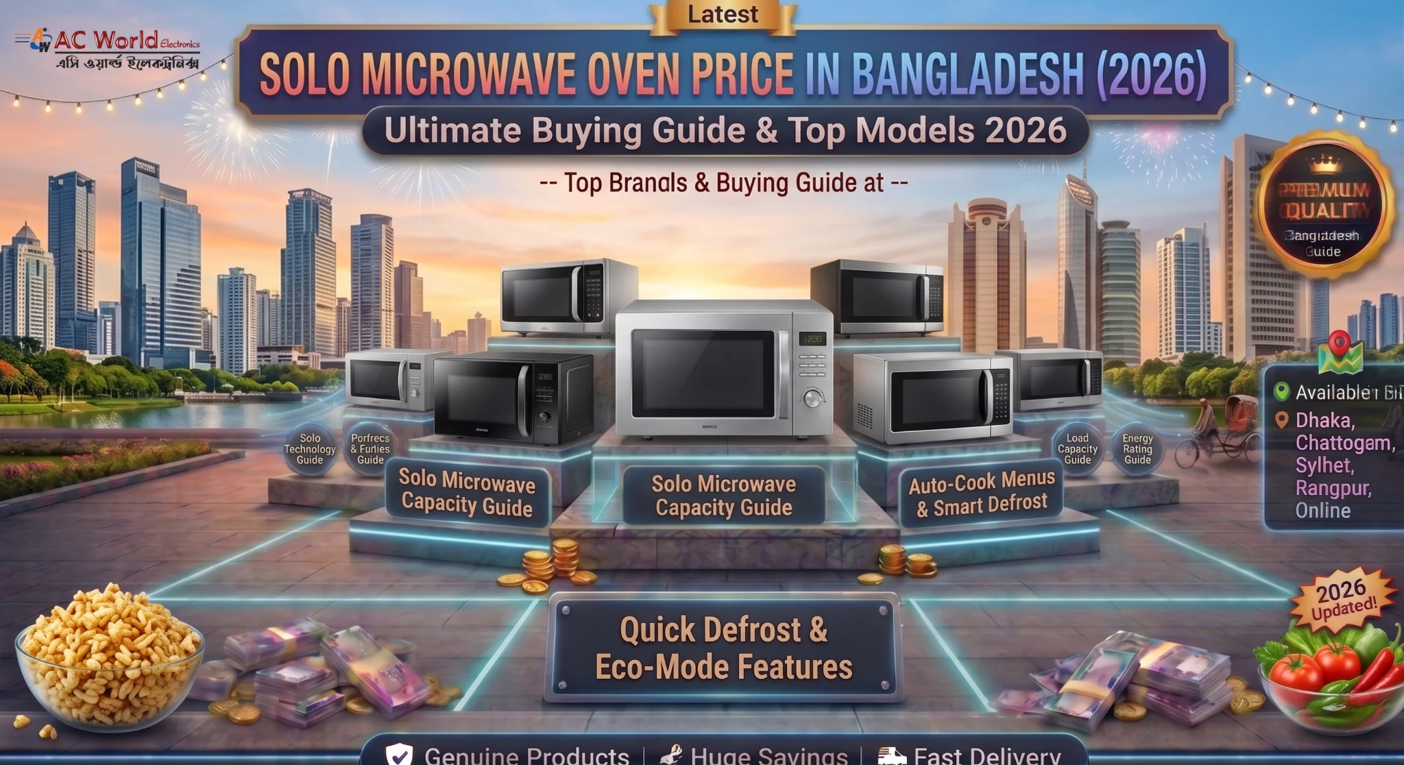 2026 buying guide graphic for solo microwave ovens in Bangladesh. Shows various microwave models arranged on neon-lit platforms, highlighting features like auto-cook menus, quick defrost, and eco-mode, set against an urban backdrop with fireworks.